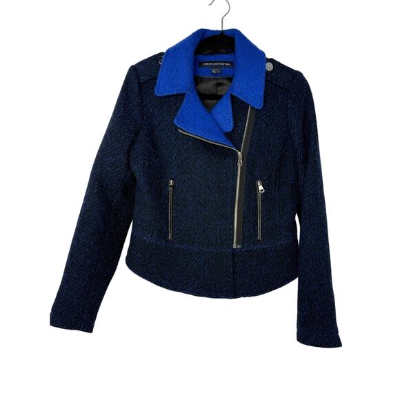 French Connection Electric Blue Wool Moto Jacket Size 6 Leather Trim Edgy - Picture 2 of 12